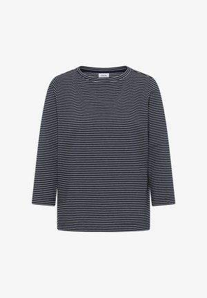 Granatowa i biała, w poziome paski, koszula z długim rękawem, okrągłym dekoltem i luźnym krojem. Wykonana z miękkiego materiału, z poziomymi paskami i prostym wzorem.