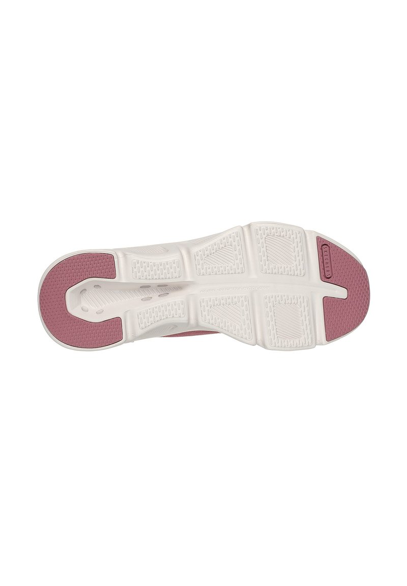 Suela de zapato con base blanca y detalles en rosa. El caucho texturizado proporciona agarre. Presenta ranuras y patrones para tracción y flexibilidad.