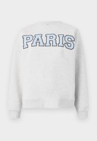 Felpa grigia con la scritta "PARIS" in carattere grassetto e blu chiaro sulla parte anteriore. Presenta un collo rotondo e polsini e orlo a coste.