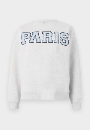 Gray sweatshirt with "PARIS" in bold, light blue lettering across the front. Features a round neckline and ribbed cuffs and hem.