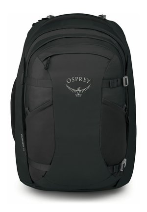 Black Osprey Fairview 55 travel backpack with multiple zip compartments and adjustable side straps.
