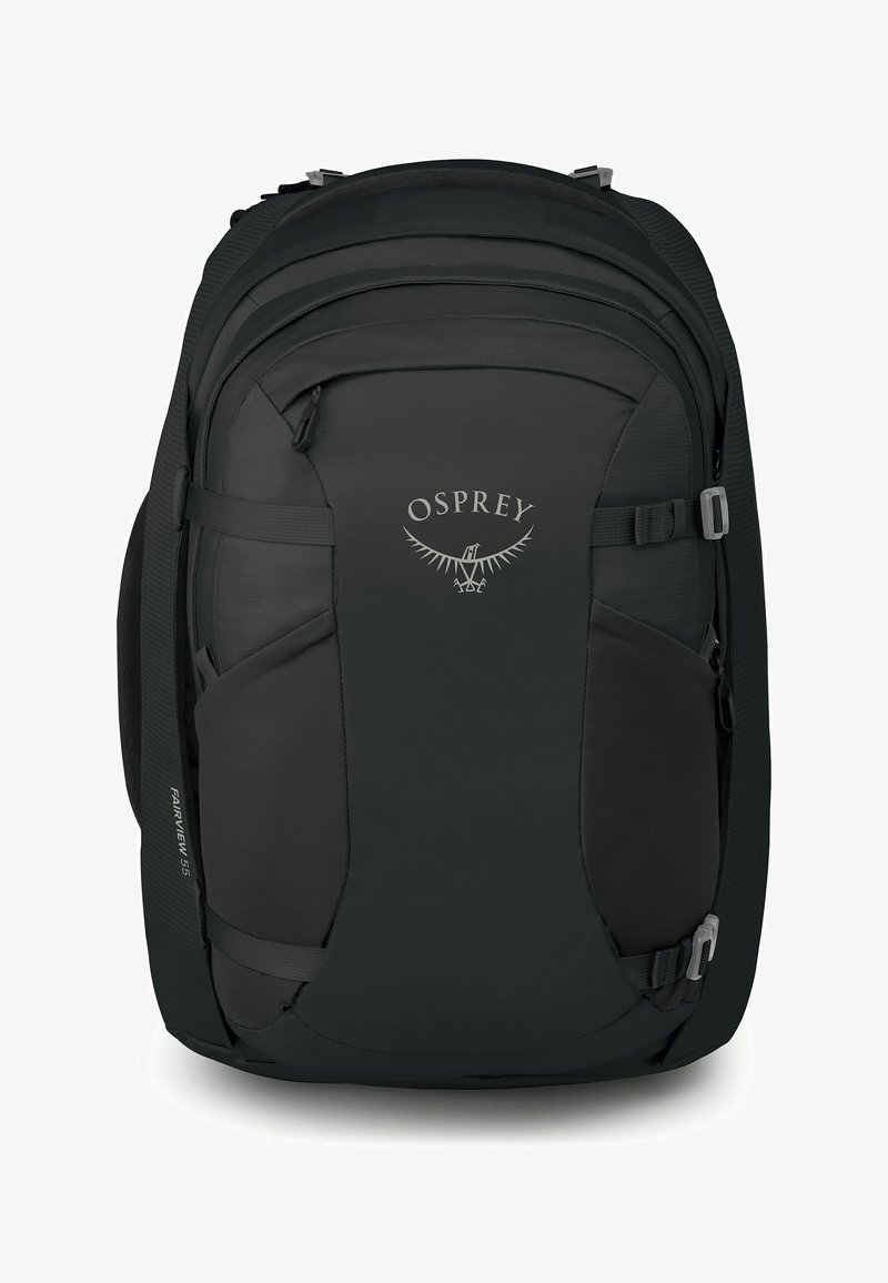 Sac à dos de voyage Osprey Fairview 55 noir avec plusieurs compartiments à fermeture éclair et sangles latérales ajustables.
