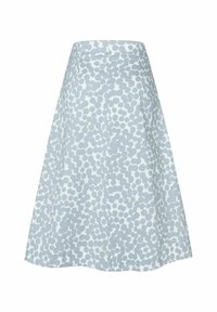 Vaaleansinisessä A-mallissa oleva hame, jossa on tummansininen pallokuvio. Hameessa on istuva vyötärö ja piilotettu takavetoketju. Kangas on sileäpintainen.