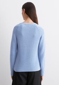 Helles, blaugraues Strickpullover mit geripptem Textur, Raglanärmeln und zarten Mustern an den Seiten, figurbetonter Silhouette und rundem Ausschnitt.