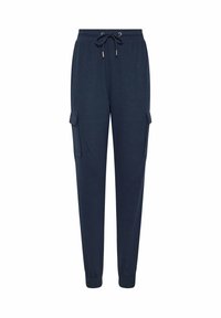 Granatowe spodnie dresowe wykonane z teksturowanej tkaniny, z elastycznym pasem ze sznurkiem i dwiema bocznymi kieszeniami cargo.