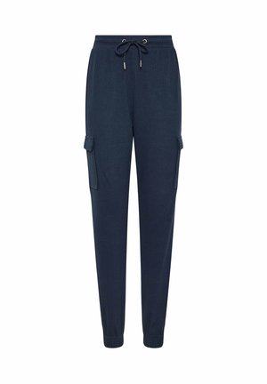 Marine joggingsbroek gemaakt van textuurstof met een elastische tailleband met trekkoord en twee zijcargo pockets.