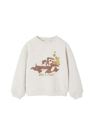 Light beige sweatshirt with a round neckline, featuring a colorful printed design of Chip and Dale and glittery heart accents.