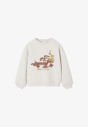 Light beige sweatshirt with a round neckline, featuring a colorful printed design of Chip and Dale and glittery heart accents.