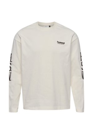 Langærmet, cremefarvet bomulds T-shirt med rund hals. Har "hummel" logoet i sort på brystet og stort sort tekst langs ærmerne.
