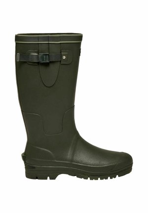 Augsts tumši zaļš gumijas zābaks ar regulējamu siksniņu pie augšas un teksturētu zolītei āra lietošanai.