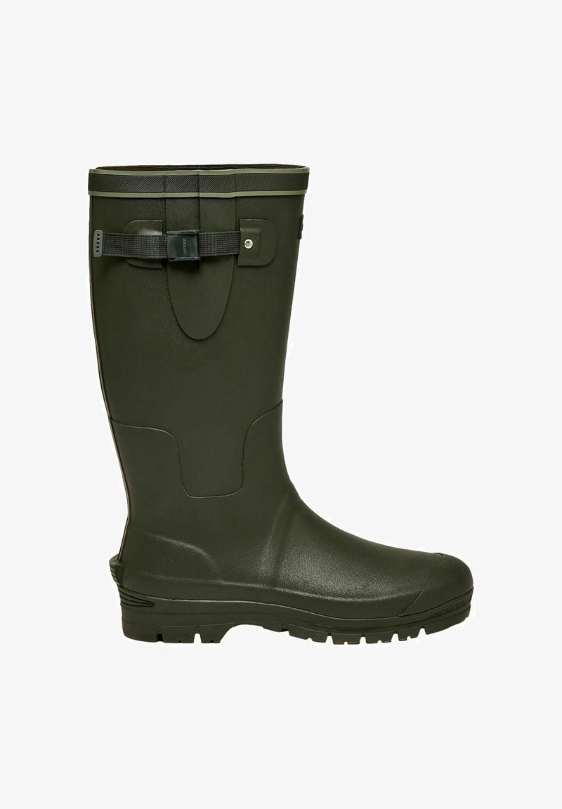 Tall dark green rubber boot with adjustable strap near the top and textured sole for outdoor use.