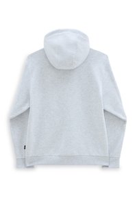 Light gray hoodie shown from the back with long sleeves, a hood, ribbed cuffs, and a small black tag on the left side seam.
