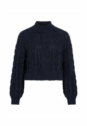 Navy blue cropped sweater with a high neck, made from textured knit fabric featuring cable patterns and ribbed cuffs and hem.