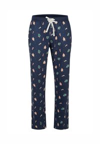 Nachtblauwe pyjamabroek gemaakt van zachte stof, met een speels patroon van peperkoekmannen, kerstbomen en candycanes, met een taillekoord.