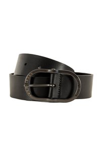 Cinturón de cuero negro con una hebilla metálica redondeada que presenta tachuelas decorativas y una textura suave. Ajustable con varios agujeros.