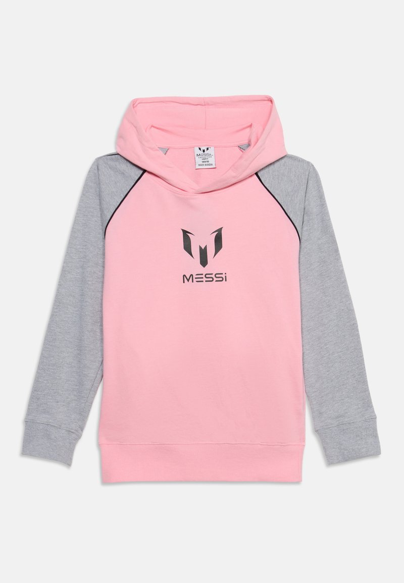 Sweat à capuche rose avec manches grises et logo Messi noir centré sur la poitrine, posé à plat sur un fond blanc.