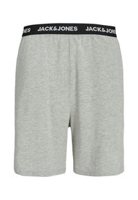 Šedé bavlnené boxerky s čiernym elastickým pásom, na ktorom je v bielej farbe vytlačené meno značky "JACK & JONES". Jednoduchý dizajn, bez vzorov.