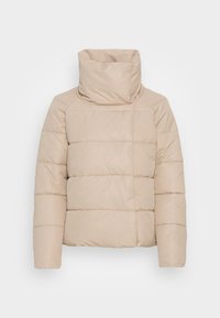 Beżowa kurtka puchowa z wysokim kołnierzem, pikowany design i długie rękawy, z poziomymi i pionowymi wzorami przeszyć. Miękki materiał.