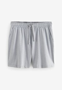 Pantalones cortos gris claro de tejido suave, con una cintura elástica con cordón, bolsillos laterales y un corte relajado.