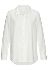 Weißes Langarmhemd mit Knopfleiste und klassischem Kragen, aus glattem Stoff, mit geradem Saum und Knopfverschluss an der Vorderseite.
