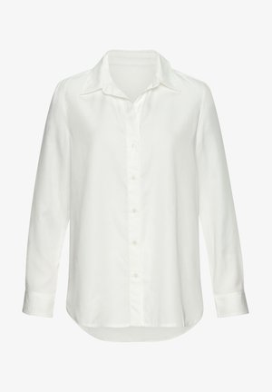 Weißes Langarmhemd mit Knopfleiste und klassischem Kragen, aus glattem Stoff, mit geradem Saum und Knopfverschluss an der Vorderseite.