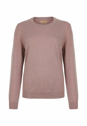 Maglione rosa chiaro realizzato in un morbido tessuto a maglia fine. Presenta un collo rotondo e polsini a coste con un orlo dritto. Design minimalista.