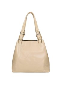 Borsa a tote in pelle beige con spallacci regolabili e fibbie, superficie liscia e design spazioso. Presenta dettagli in hardware color argento.