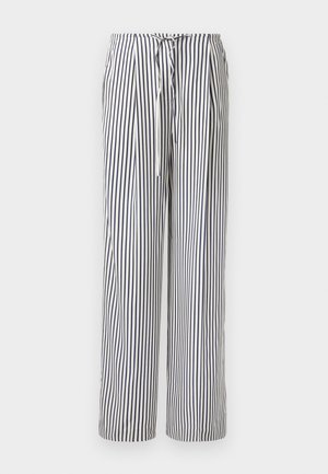 Striped wide-leg trousers in navy and white, featuring a drawstring waist and a lightweight, textured fabric.