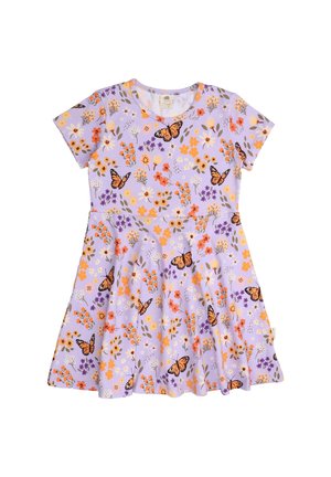 Lavender dress with short sleeves and flared skirt, featuring floral and butterfly patterns in orange, purple, and white. Made from soft fabric.