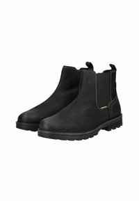 Botines de cuero negro con paneles laterales elásticos, costuras de contraste y suelas texturizadas para mayor agarre. Punta redondeada y tiradores para facilitar el calzado.
