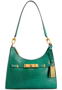 Grøn håndtaske med krokodilleprægning, buet silhuet, guldfarvede hardware-detaljer og en aftagelig mærkat. Har en kort skulderrem.