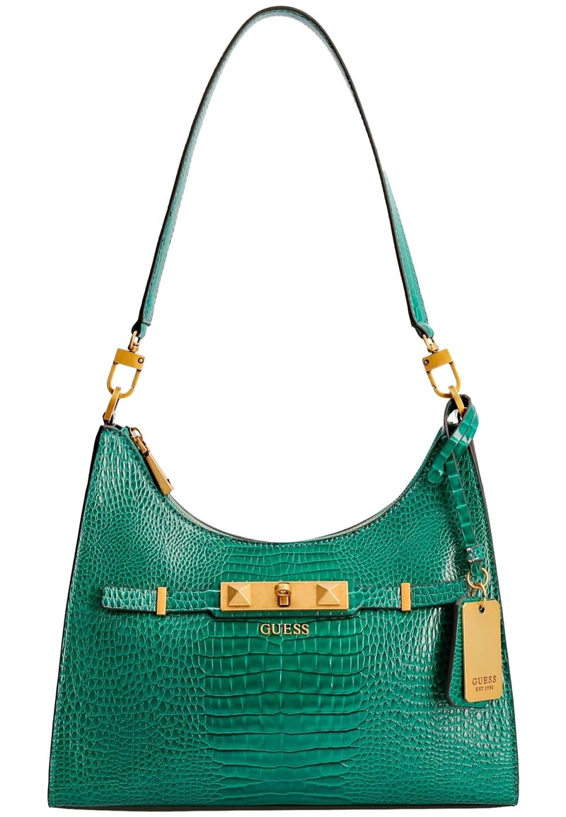 Grøn håndtaske med krokodilleprægning, buet silhuet, guldfarvede hardware-detaljer og en aftagelig mærkat. Har en kort skulderrem.