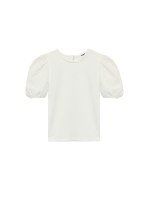 Valkoinen lyhythihainen paita, jossa on liehuvat hihat ja pyöreä pääntie. Hihansuiden koristeena on hienovaraiset rei'ityskuvioinnit, ja takana on pieni napitus.