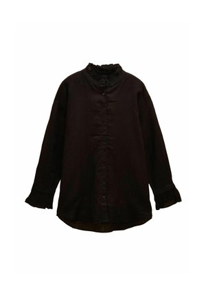 Sort langærmet skjorte med knaplukning, rynket krave og rynkede manchetter, løs pasform og afrundet kant.