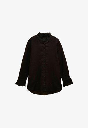 Sort langærmet skjorte med knaplukning, rynket krave og rynkede manchetter, løs pasform og afrundet kant.