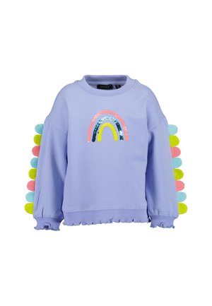 Felpa per bambino color viola chiaro con bordi arricciati, arcobaleno colorato con paillettes sul davanti e linguette di tessuto pastello lungo le maniche.