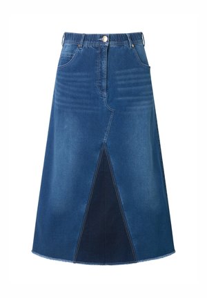 Denim skirt featuring a light to dark blue color gradient, A-line shape, high waist, front pockets, and a raw hem with panel detailing.