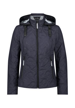Navy blue quilted jacket with hood, front zipper, zippered side pockets, and branded pull tabs on the hood straps.
