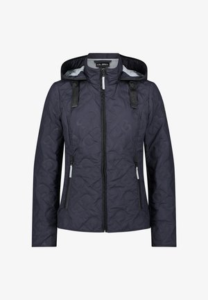 Navy blue quilted jacket with hood, front zipper, zippered side pockets, and branded pull tabs on the hood straps.