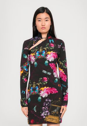 Long-sleeve black dress with colorful floral and butterfly patterns, featuring a unique cutout at the neckline and golden accents.