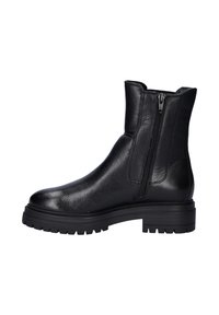 Black leather ankle boots with a textured finish, side zippers, and a chunky rubber sole, designed for durability and comfort.