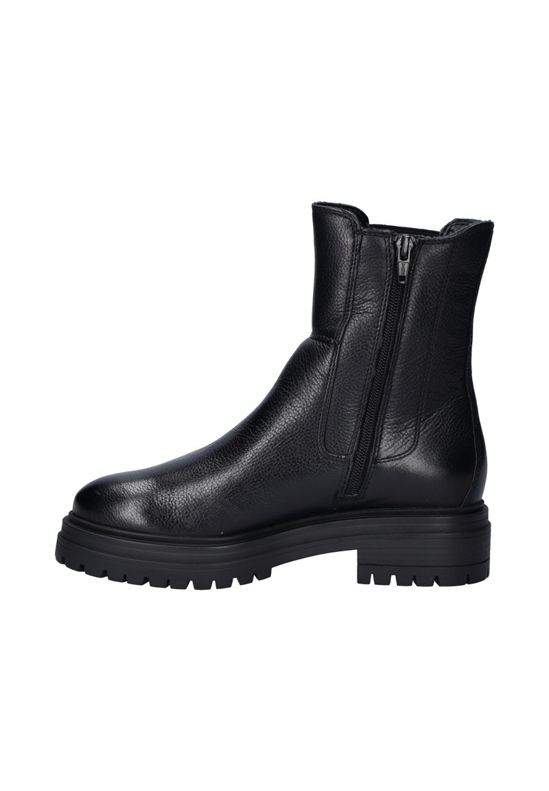Black leather ankle boots with a textured finish, side zippers, and a chunky rubber sole, designed for durability and comfort.