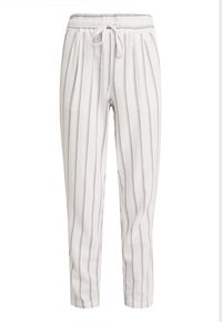 Vita avsmalnande byxor med svarta vertikala ränder, elastisk midja och snörning framtill.