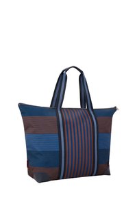 Rechthoekige tote bag in blauw, bruin en marineblauwe strepen; gemaakt van synthetisch materiaal met dubbele handvatten en ritssluiting.