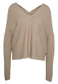 Beżowy sweter dzianinowy z głębokim dekoltem w kształcie litery V, długimi rękawami i luźnym krojem. Posiada fakturowany materiał oraz skrócony fason.