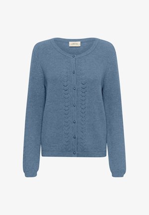 Blau gestrickter Cardigan mit Rundhalsausschnitt, vorderer Knopfverschluss und Spitzenmusterdetails entlang der Knopfleiste. Lange Ärmel mit gerippten Bündchen.