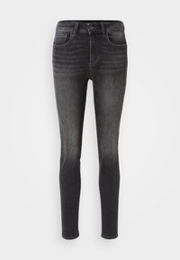 Jeans ajustados en denim gris oscuro con un acabado desteñido. Cuenta con cinco bolsillos, presillas para cinturón y un cierre de botón en la parte delantera. Textura suave.