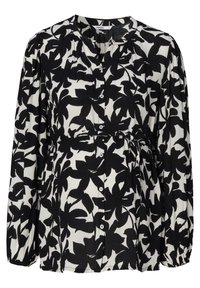 Czarna i biała bluzka z kwiecistym wzorem, z długimi rękawami, zapięciem na guziki i marszczeniem w talii. Z plisowanym wykończeniem.