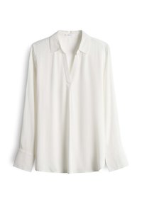 Chemise blanche à manches longues avec un léger brillant, col et encolure en V. Dotée de poignets boutonnés et d'une coupe ample et décontractée.