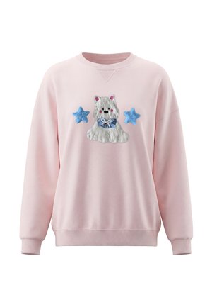 Lyserød sweatshirt med en hvid hund iført en blå ternet butterfly og to blå stjerner på brystet.